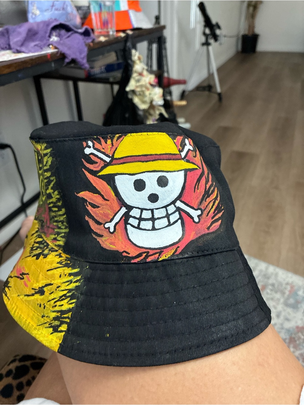 Black & Yellow Graphic Bucket Hat with Skull-and-Hat Motif